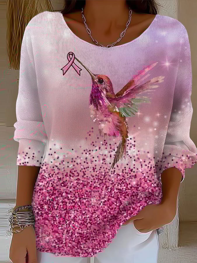 Women's Casual Striped Pink Hummingbird Long-Sleeved T-Shirt