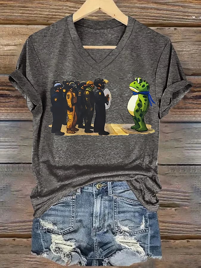 V-neck Women's  Portland Frog print T-Shirt