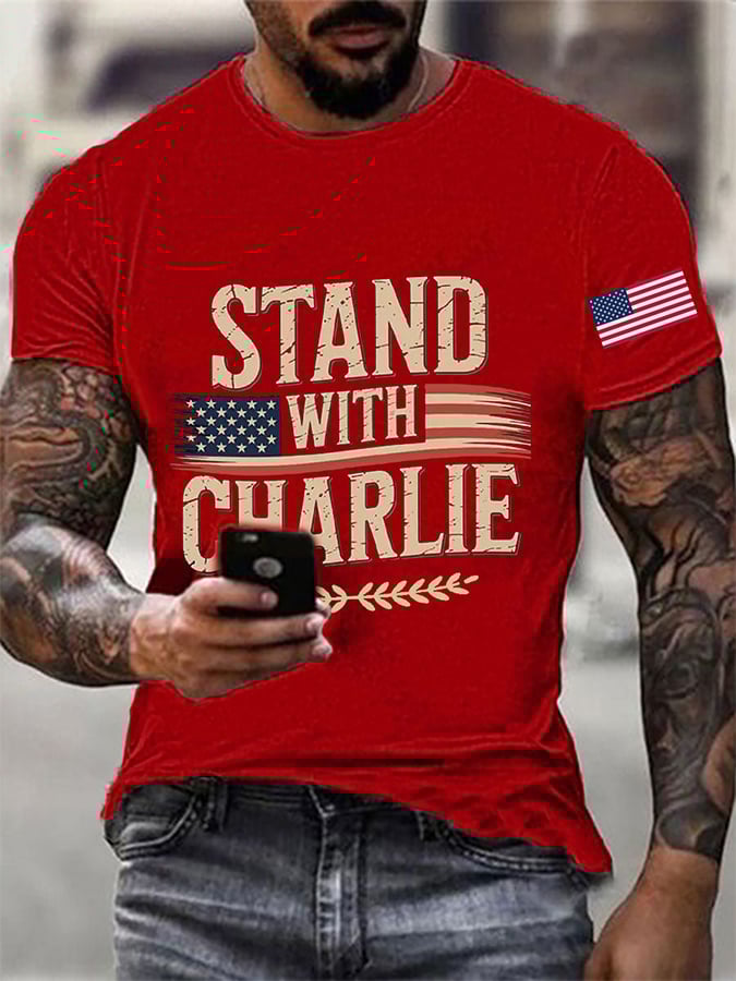 Men's Stand With Charlie Kirk  Print Round Neck T-Shirt