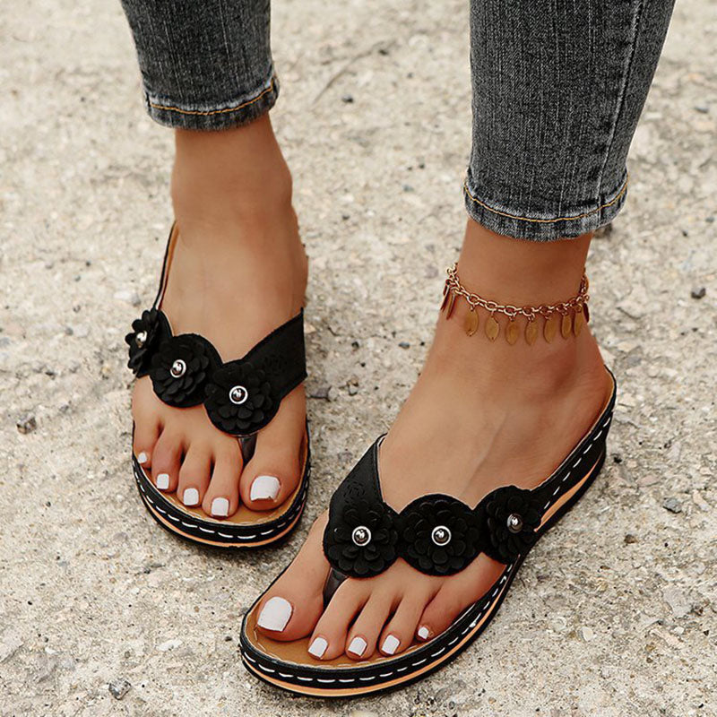 Flower Wedge Thong Slippers