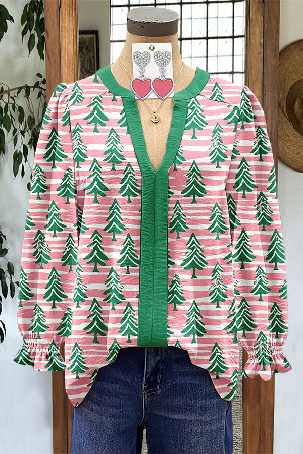 Christmas Tree Striped V-Neck Shirt
