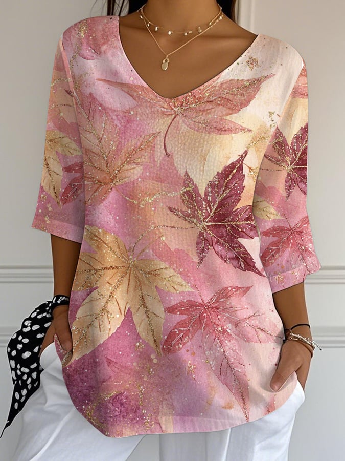 Women's Casual Autumn Pink Maple Leaf Bubble Wrinkled Top