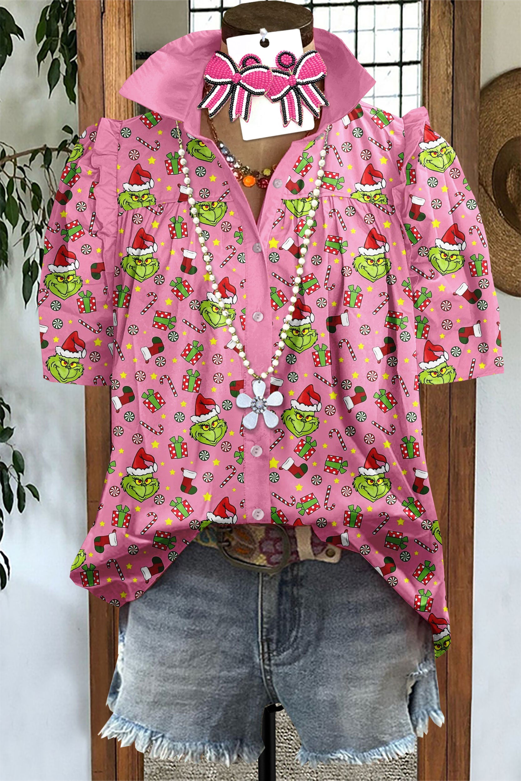 Christmas Grinch Candy Print Puff Sleeve Blouse