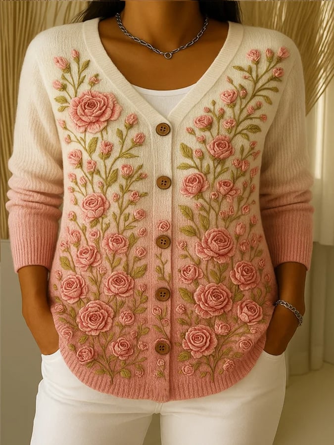 Women's Retro Pink Art Print Cardigan