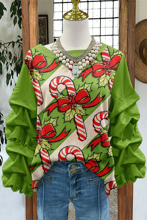 Cute Merry Christmas Candy Canes Print Pleated Sweatshirt