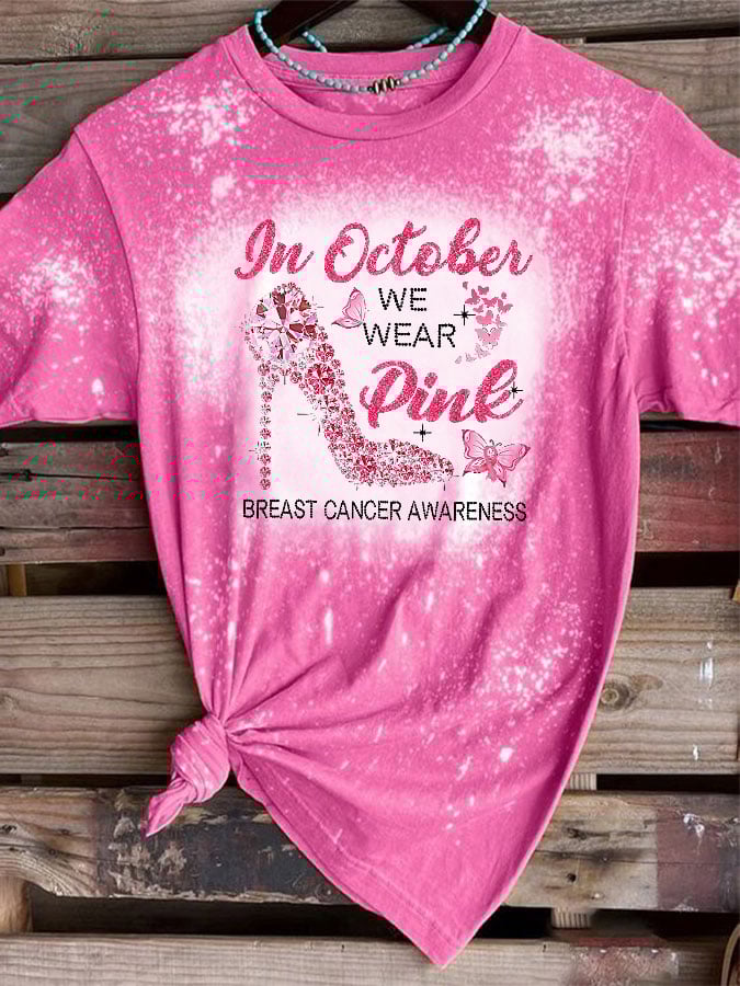 Breast Cancer Awareness In October We Wear Pink Heels Butterfly Print T-Shirt