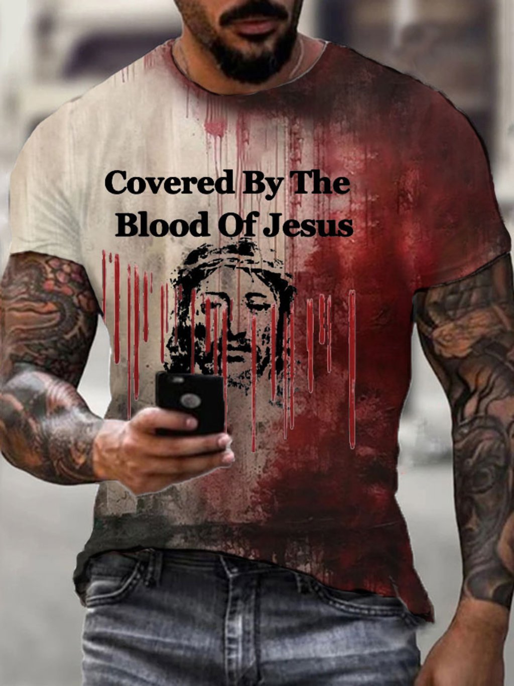 Men's Halloween Covered By The Blood of Jesus Bloody Print T-Shirt