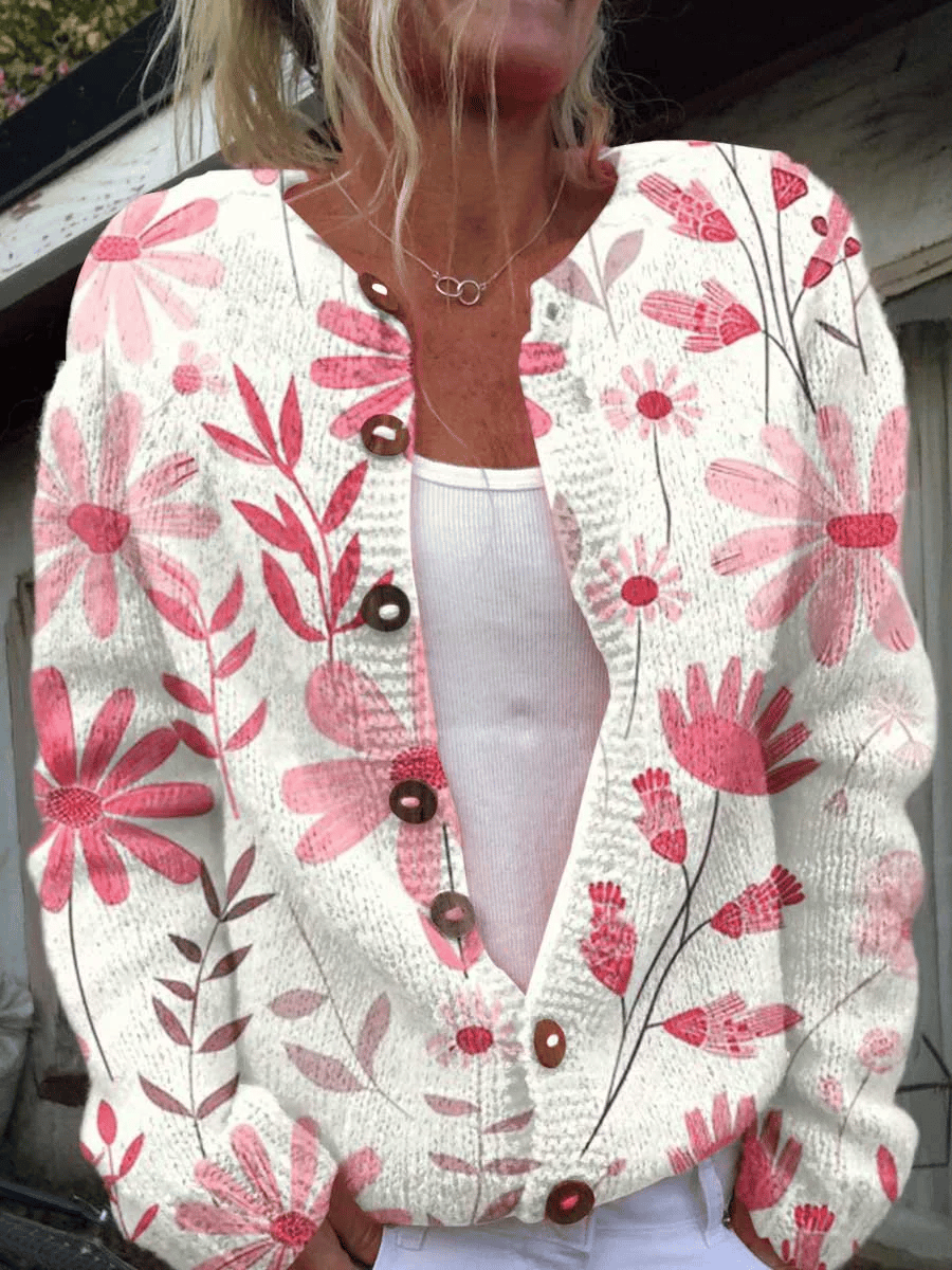 Women's Breast Cancer Pink Flower Print Knitted Cardigan