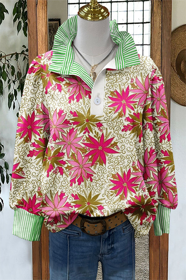 Cute Christmas Floral Print Puff Sleeve Blouse