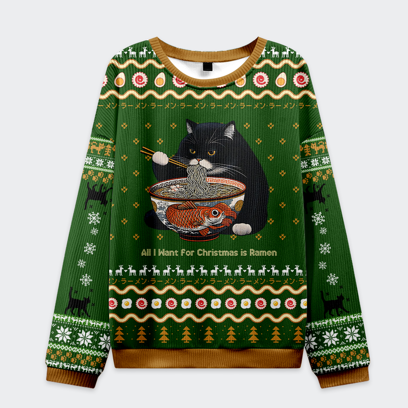 Tokyo-Tiger All I Want for Christmas is Ramen Cat Ugly Sweatshirt