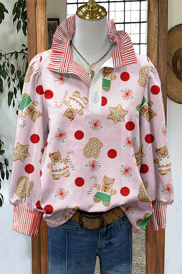 Sweet Christmas Gingerbread Cat Print Puff Sleeve Blouse