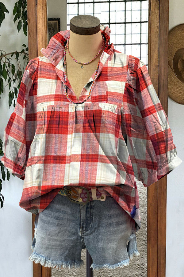 Elegant Plaid Print Puff Sleeve Blouse