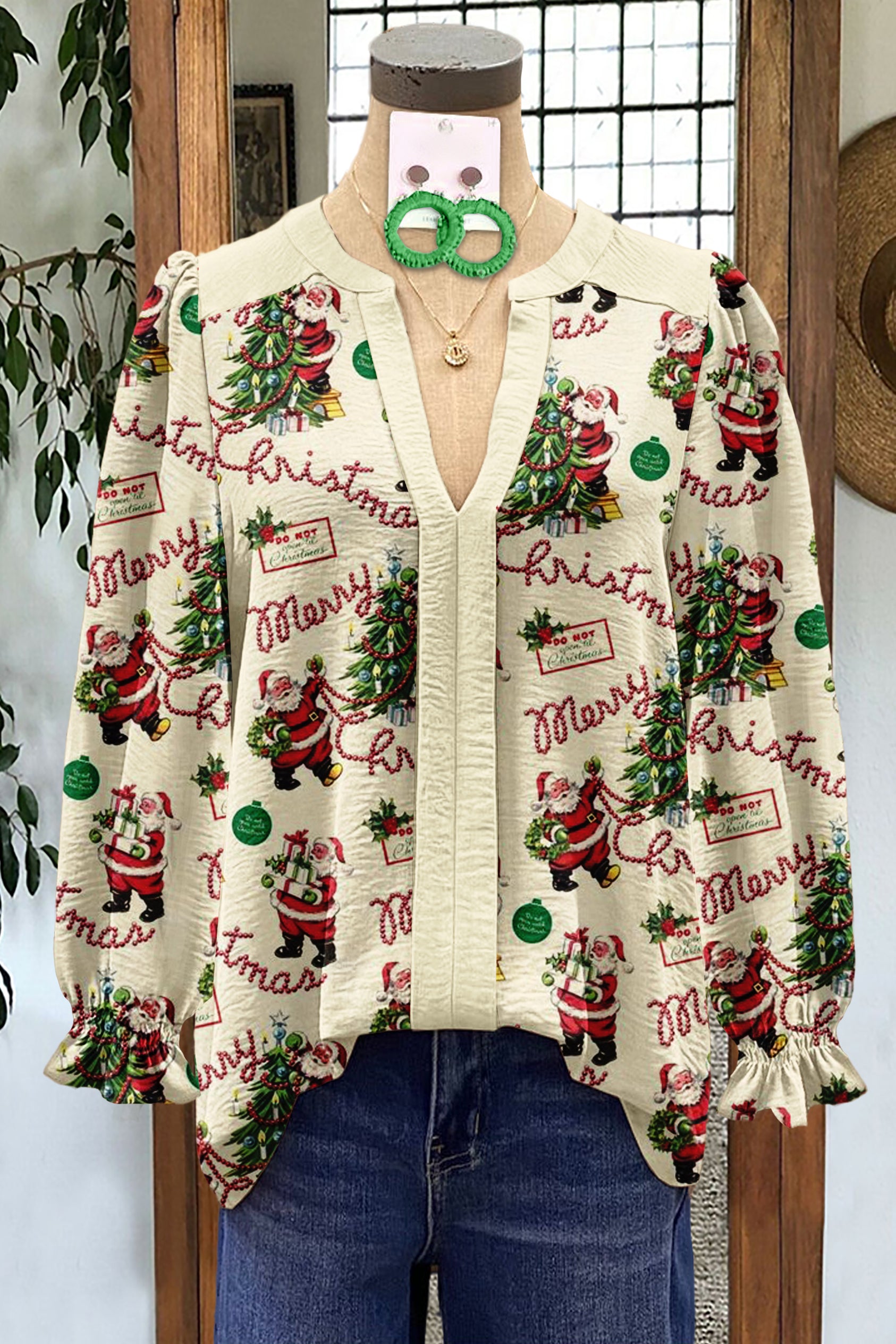 Vintage Merry Christmas Print V-Neck Blouse