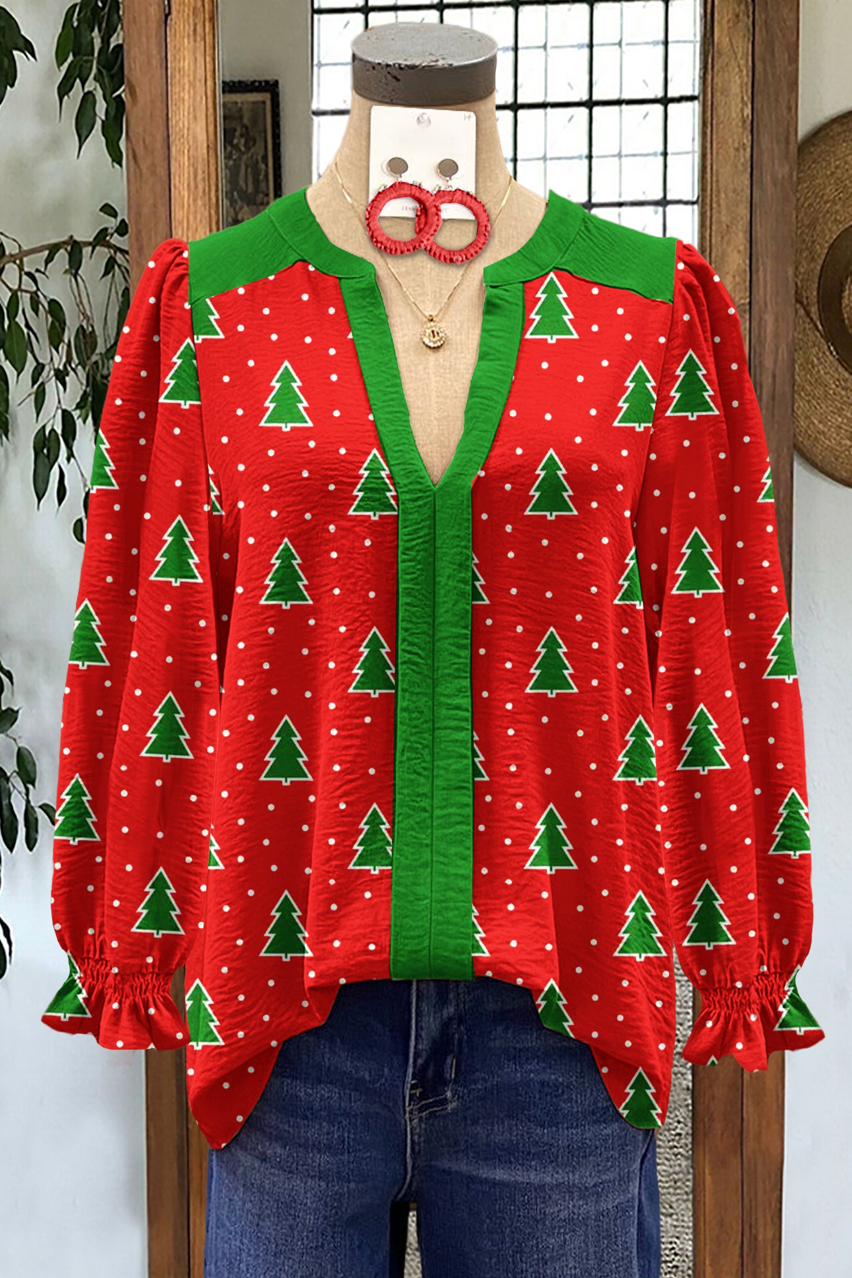 Classic Christmas Tree Print V-Neck Blouse