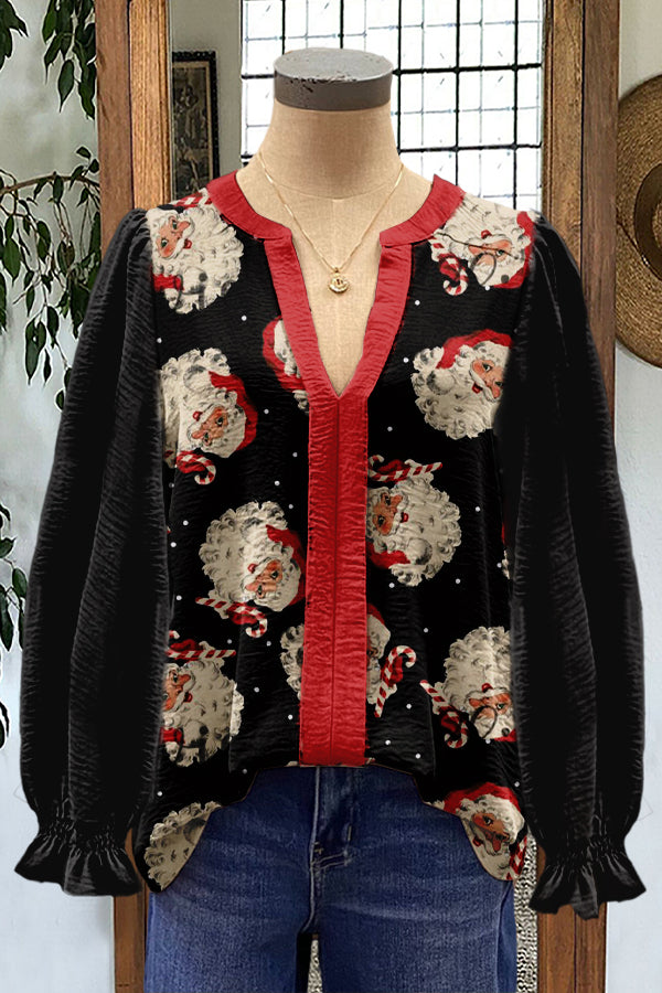 Christmas Santa Claus Print Puff Sleeve Top