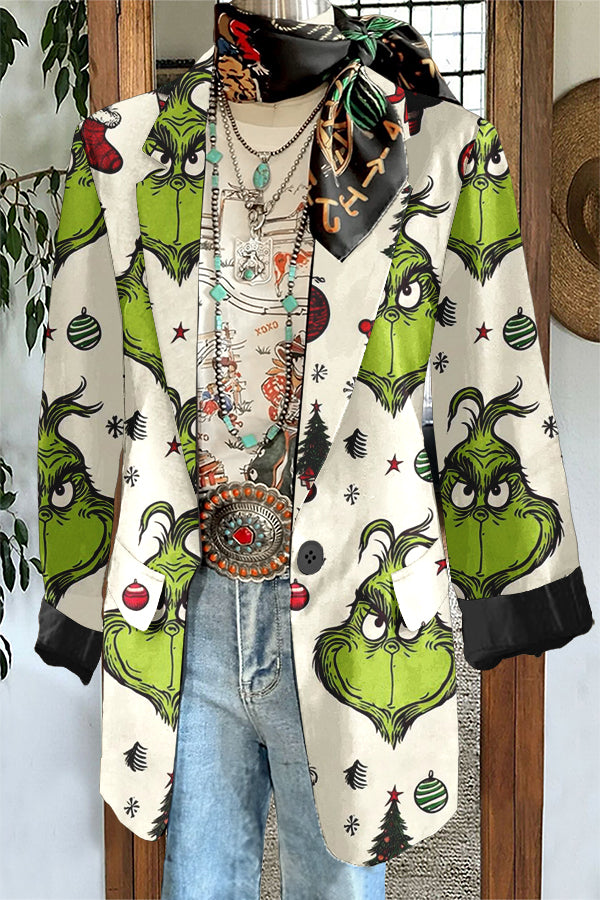 Funny Christmas Grinch Print Blazer