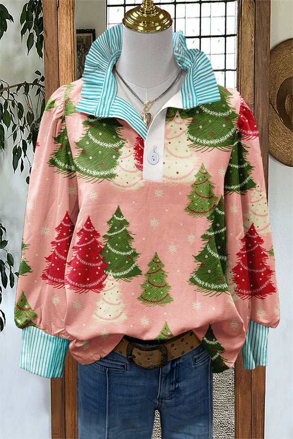 Sweet Christmas Tree Print Puff Sleeve Blouse