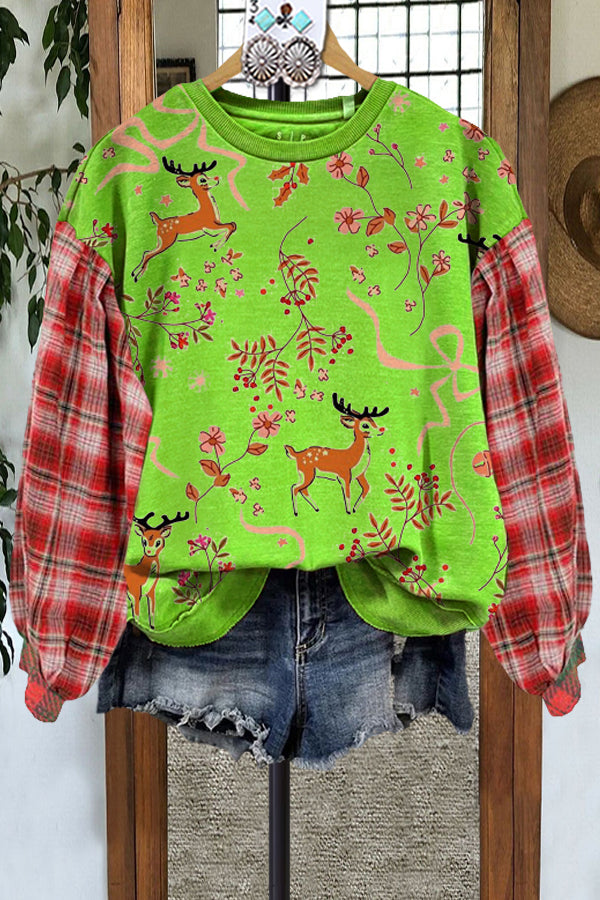 Elegant Plaid Patchwork Contrast Color Print Sweatshirt