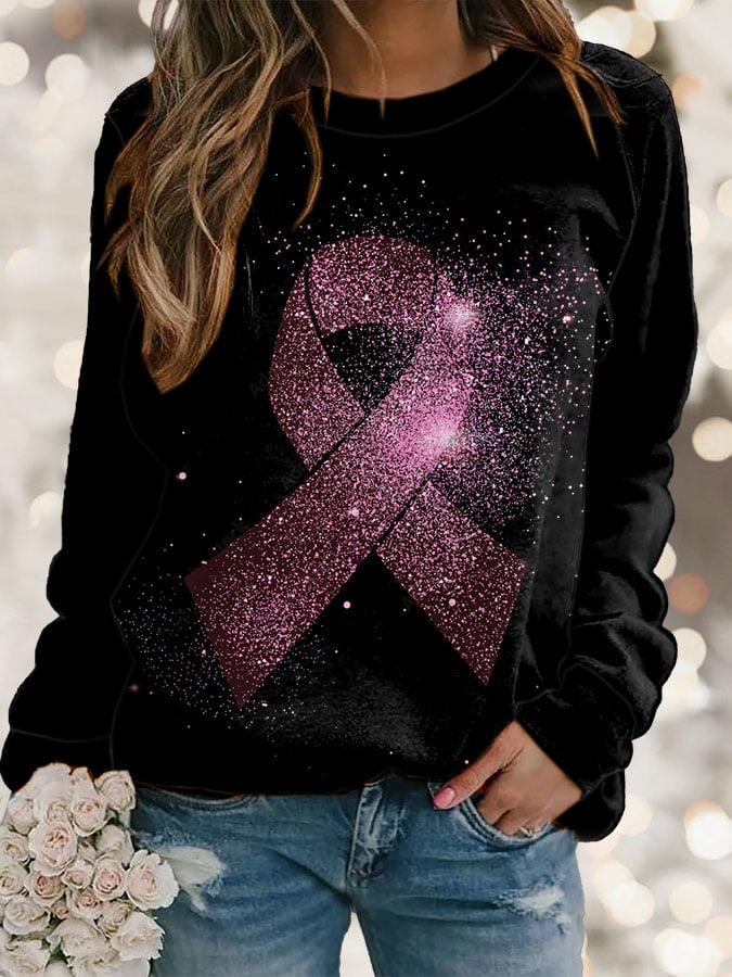 Women's Ribbon Breast Cancer Art Print Long Sleeve Sweatshirt