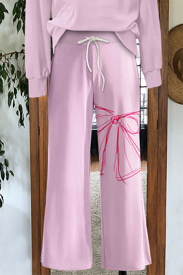 Cute Bow Print Wide Leg Pants