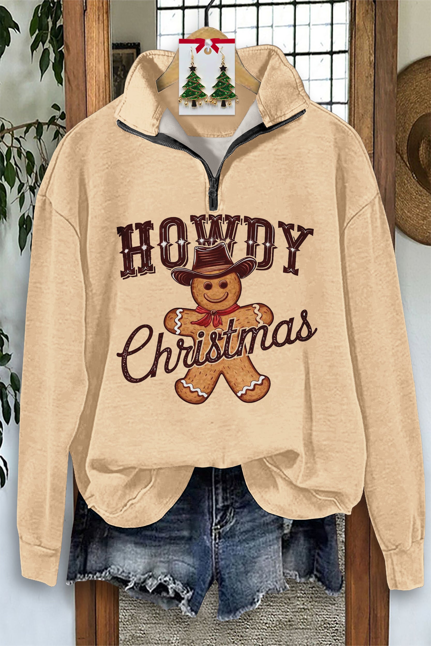Vintage Christmas Gingerbread Print Zip-Up Sweatshirt