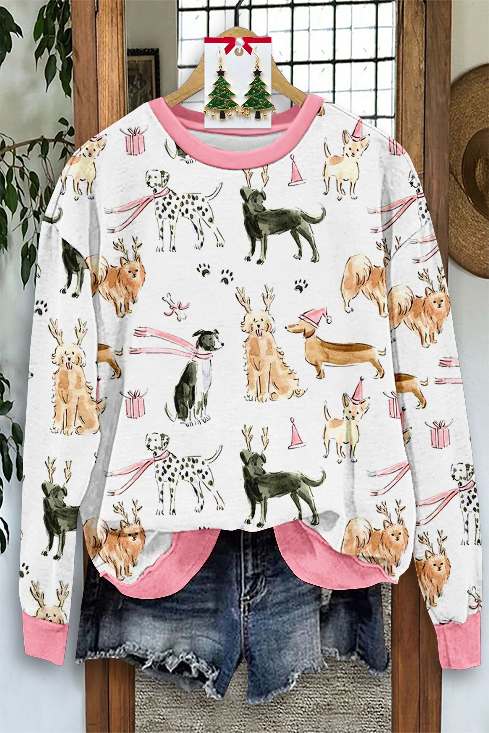 Cute Christmas Dog Print Long Sleeve Sweatshirt