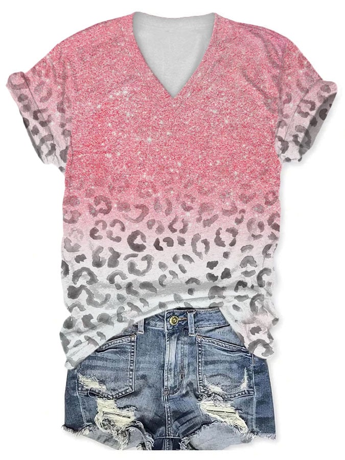 Pink Sequined Leopard Print T-Shirt
