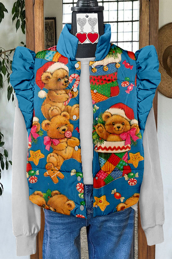 Cute Christmas Bear Print Padded Vest