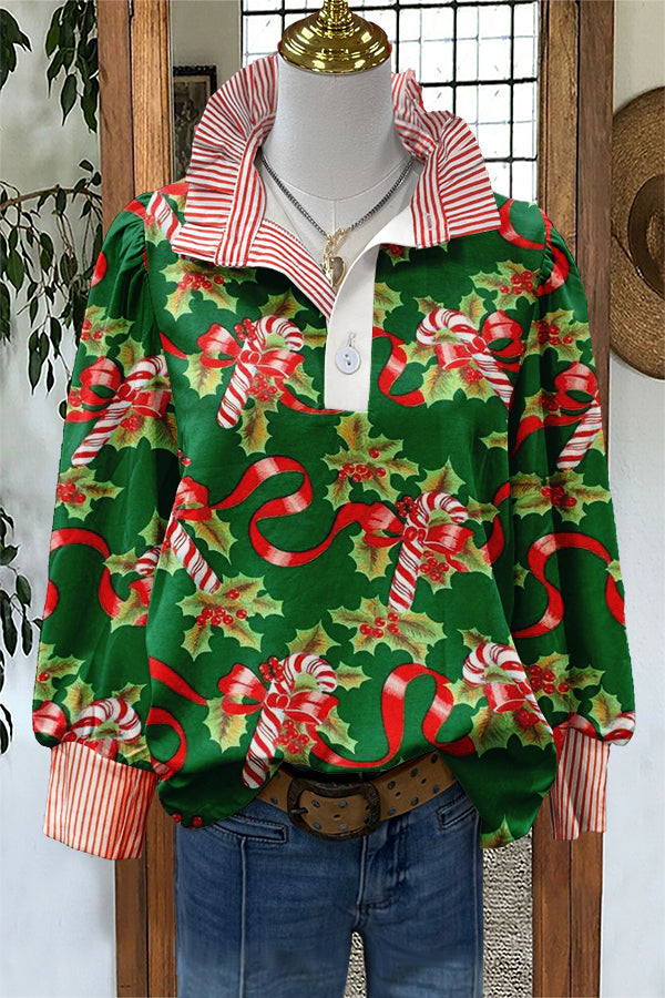 Christmas Candy Canes Print Stripe Puff Sleeve Blouse