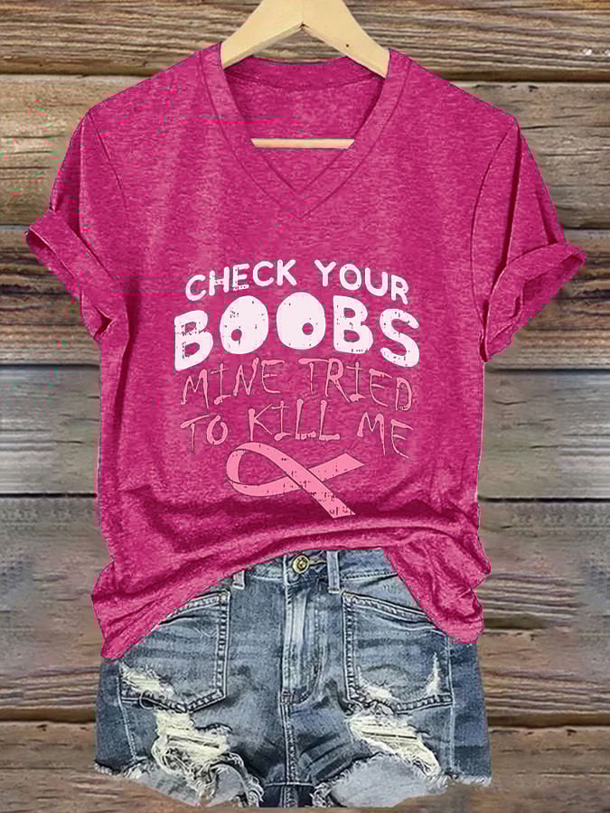 Women's Breast Cancer Awareness Printed Casual V-Neck T-Shirt