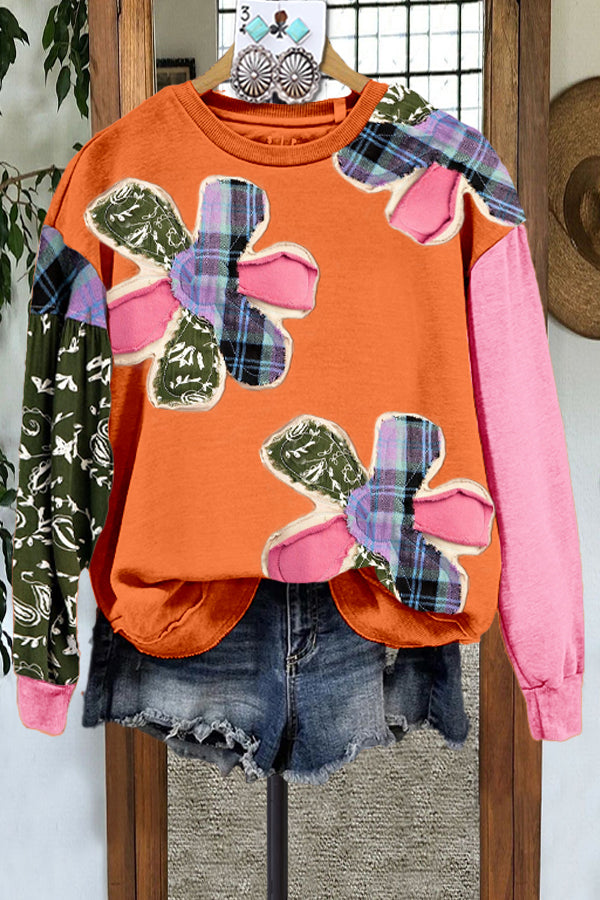 Flower Patchwork Print Contrast Color Sweatshirt
