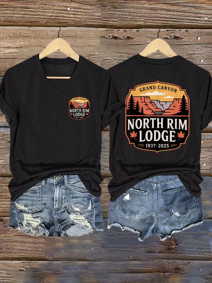 V-Neck Retro Grand Canyon Lodge North Rim Lodge 1937-2025 Print T-Shirt