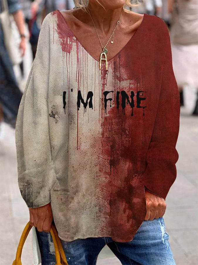 Women's Halloween I'm Fine Print V-Neck Top