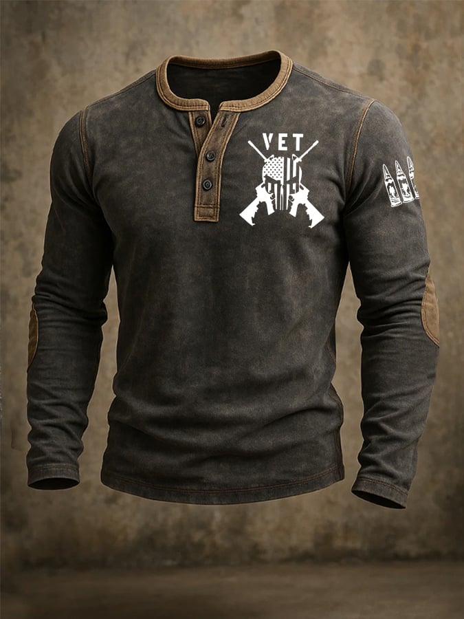 Men'S Vintage Veterans Day Print Henley