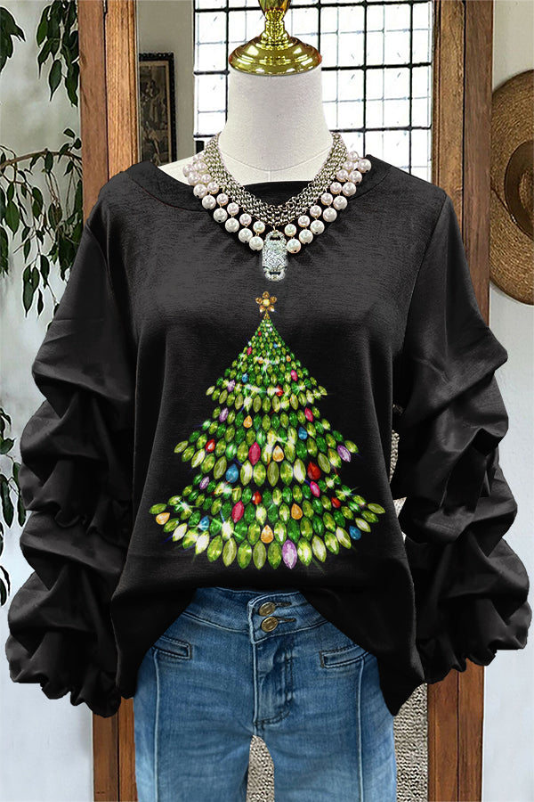 Cute Christmas Tree Print Pleated Sweatshirt