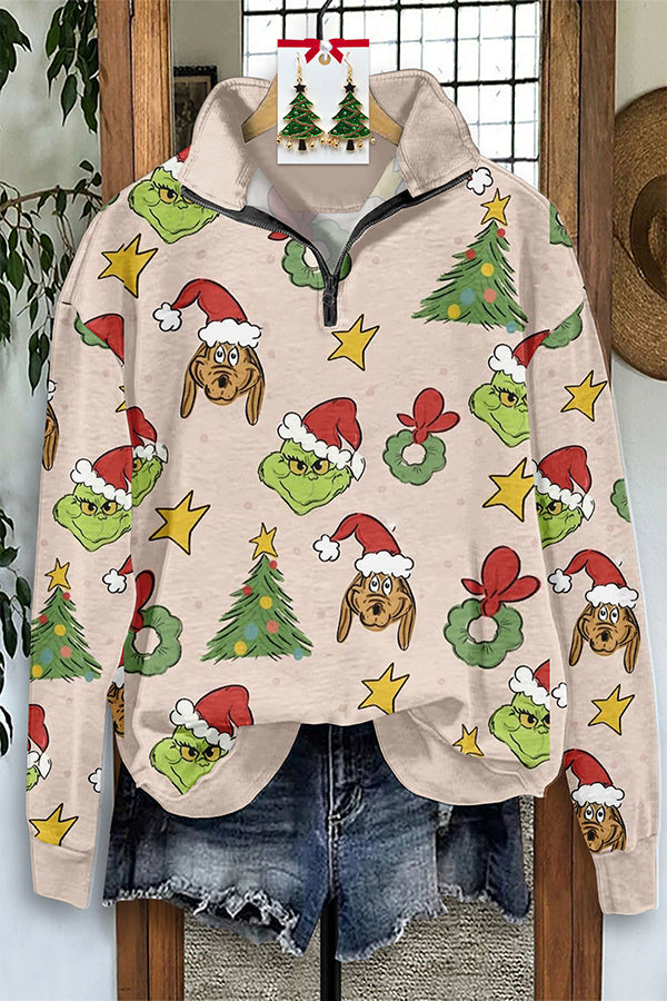 Vintage Christmas Grimm Print Zip-Up Sweatshirt