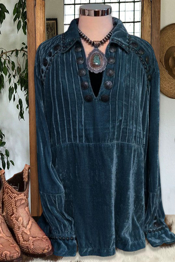 Pleated Metal Stud Velvet Blouse