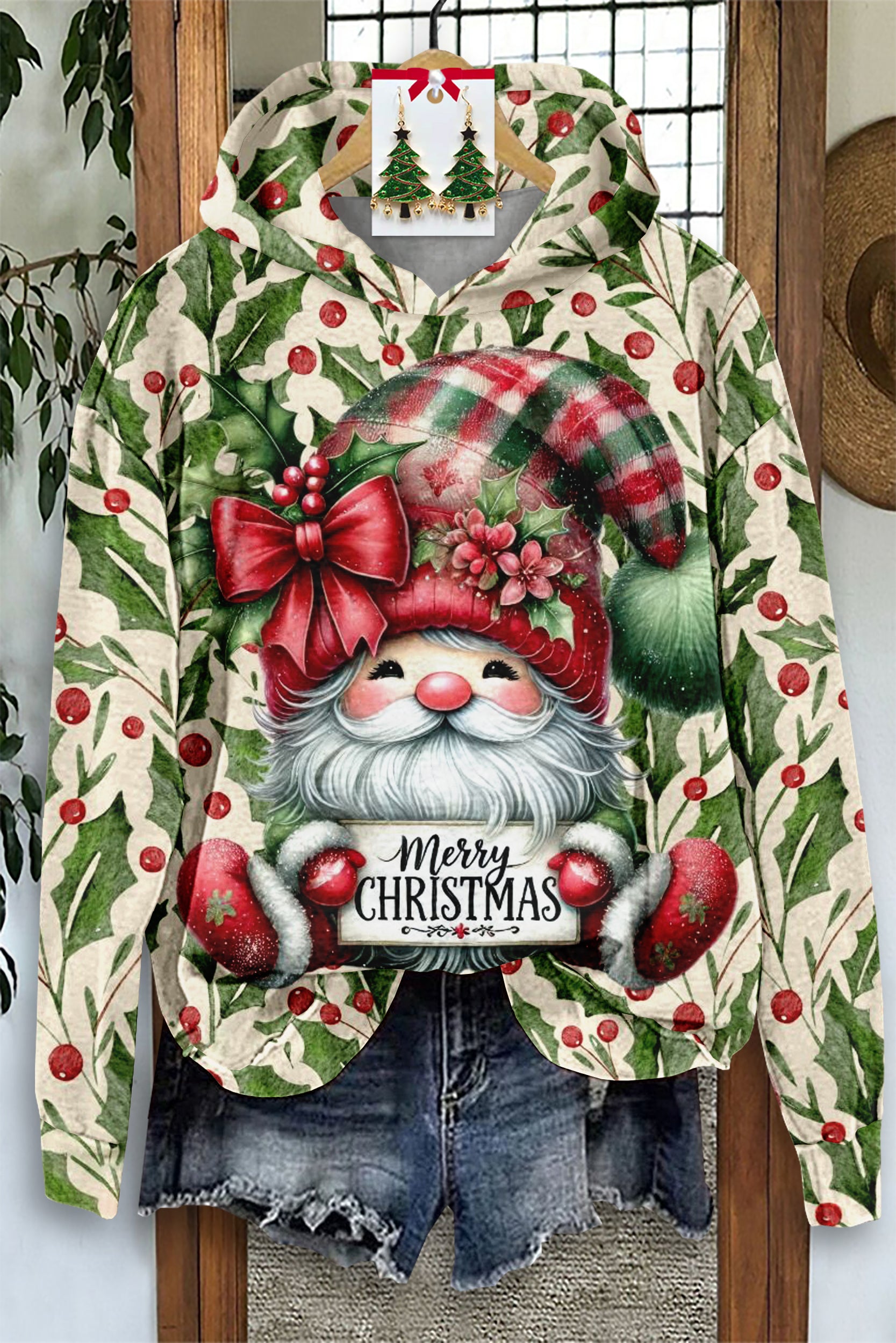 Cute Santa Holly Print Long Sleeve Sweatshirt