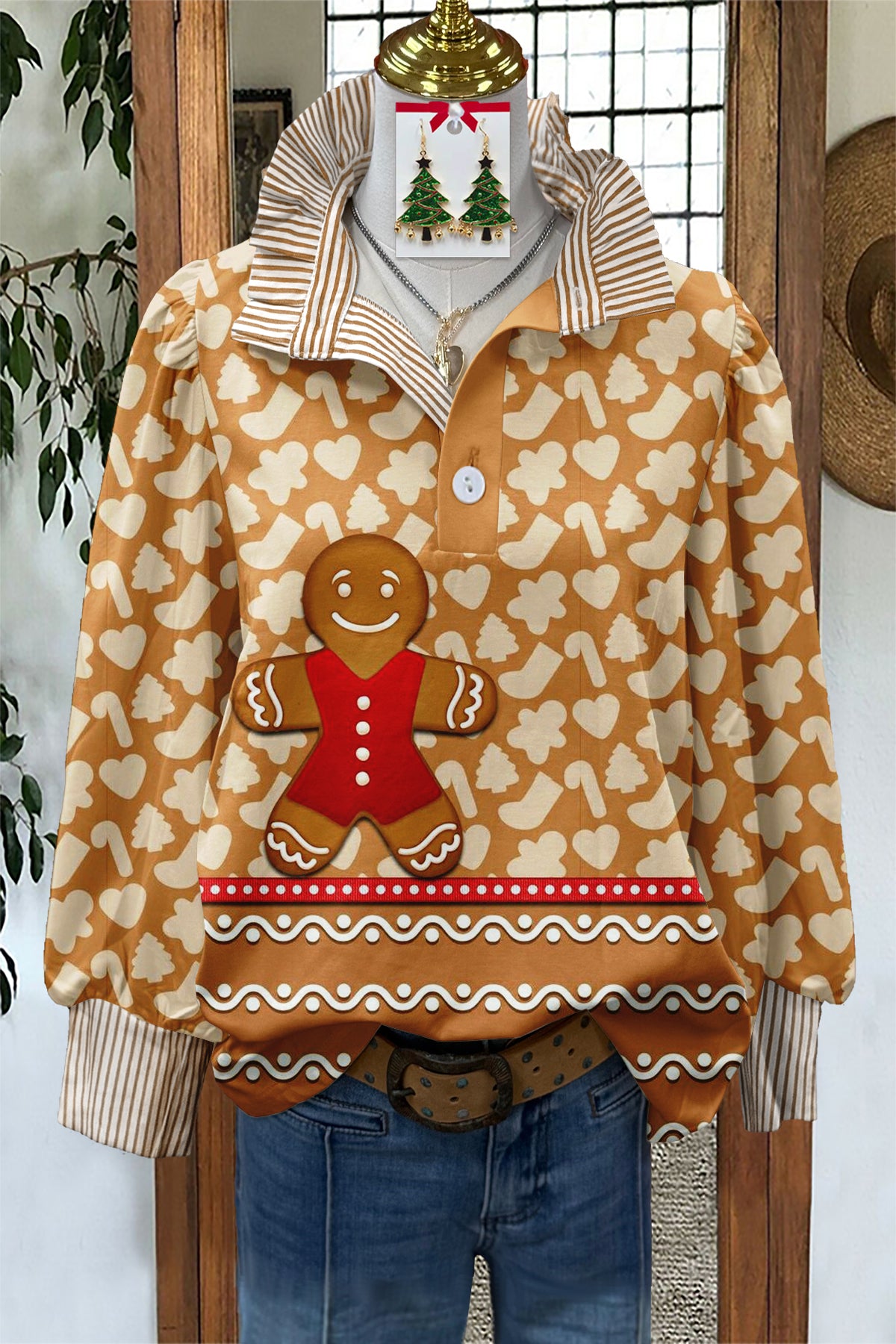 Cute Christmas Gingerbread Print Stand Collar Blouse