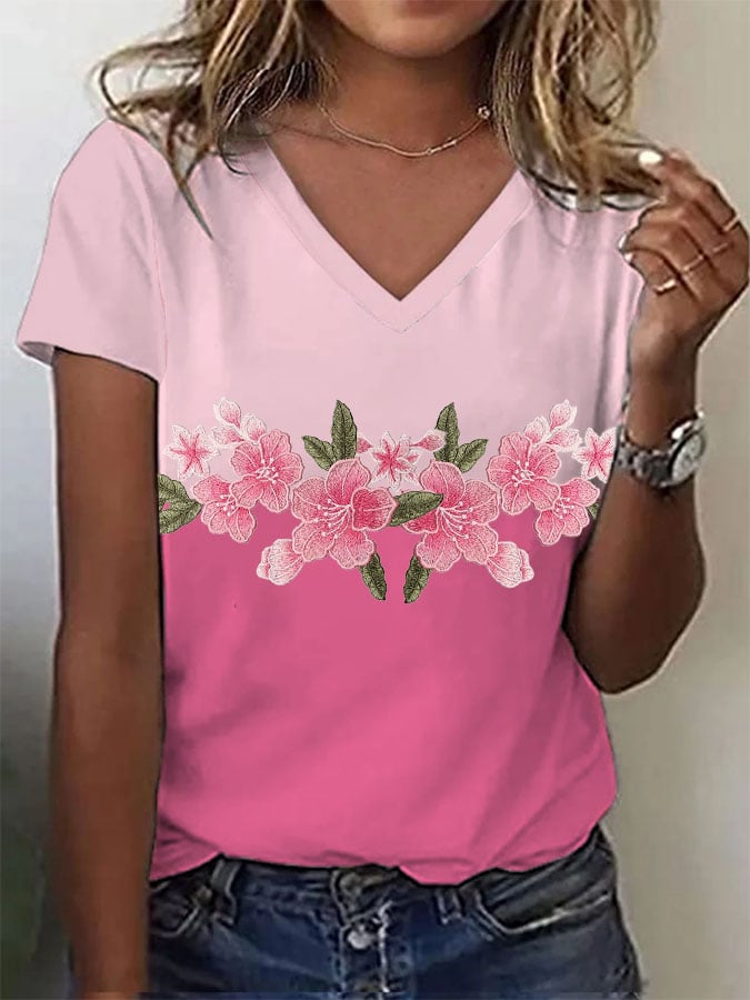 Women's Pink Flowers Print T-Shirt