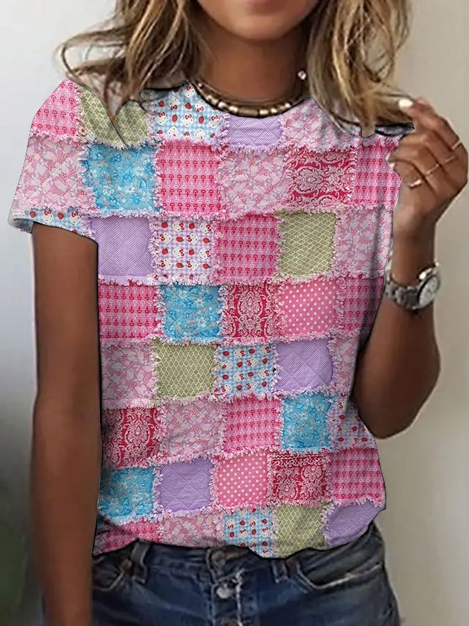 Women's casual pink patch printed T-shirt