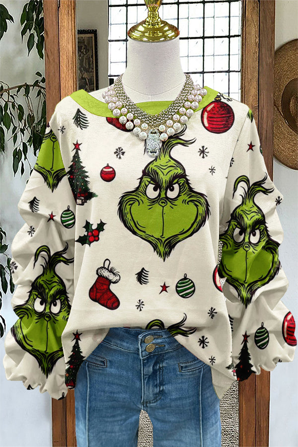 Funny Christmas Grinch Print Pleated Sweatshirt