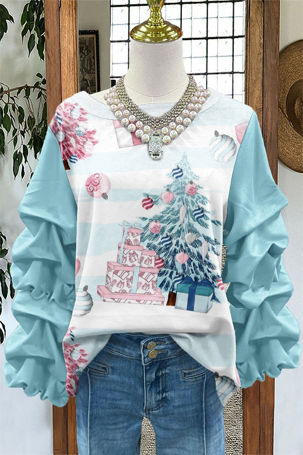 Sweet Christmas Tree Print Pleated Sweatshirt