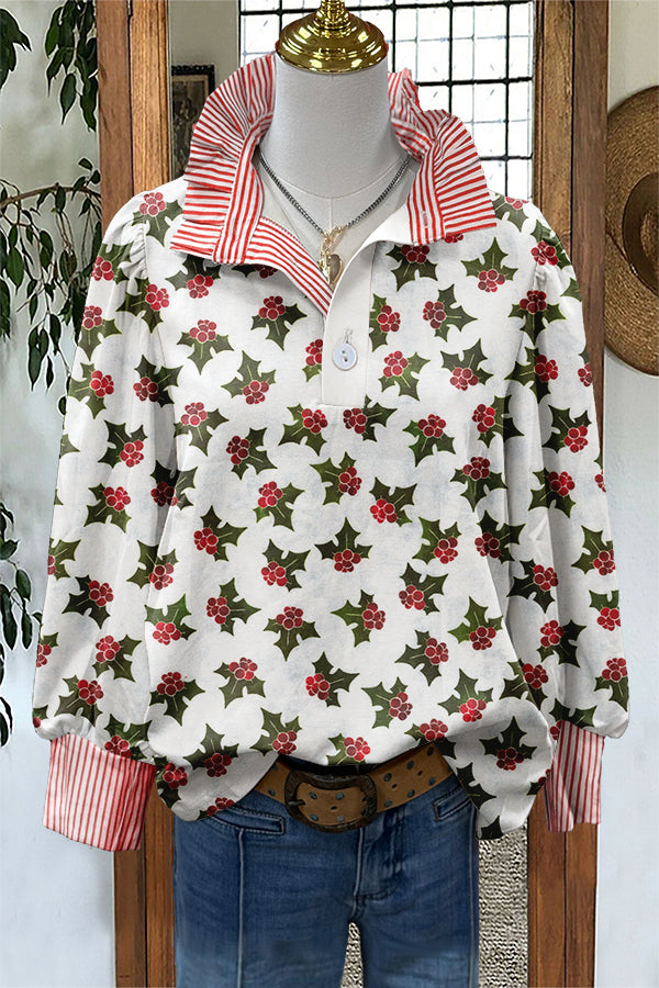 Cute Christmas Plants Print Puff Sleeve Blouse