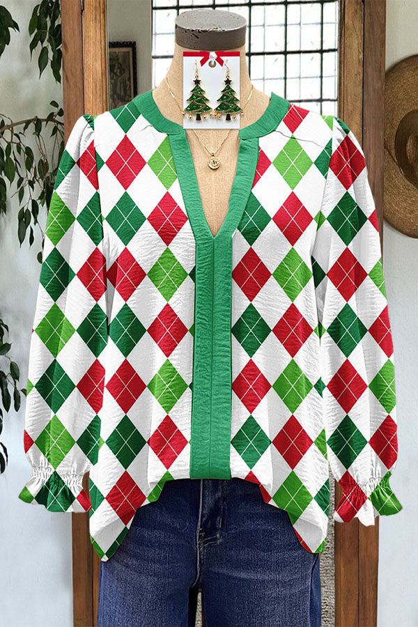 Christmas V-Neck Bell Sleeve Plaid Shirt