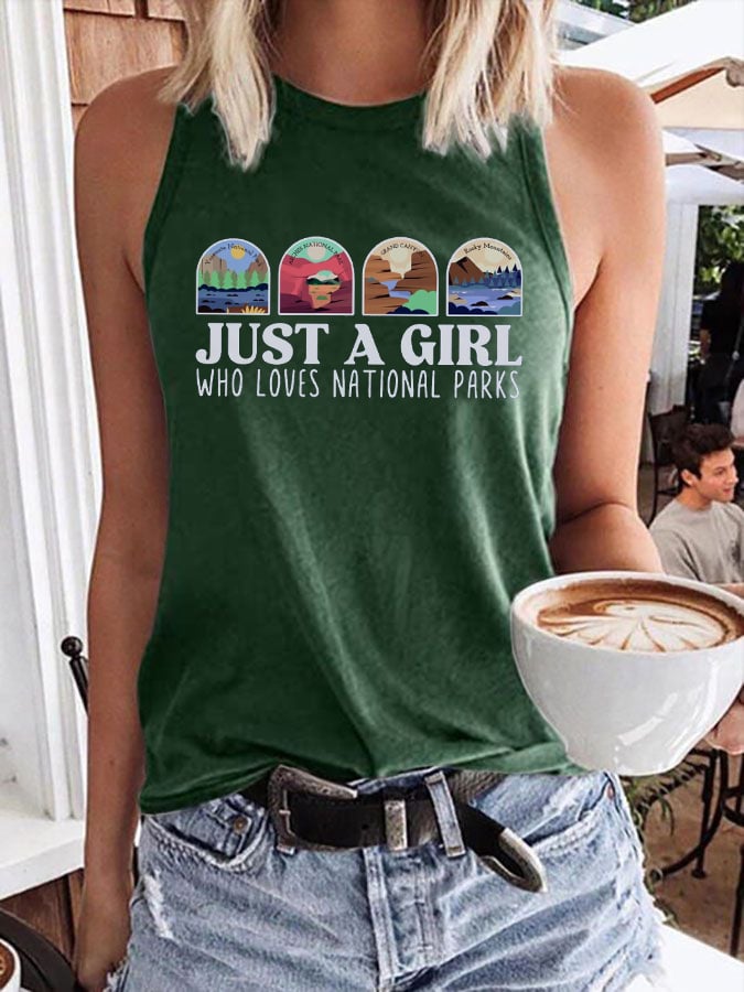 Women's Just A Girl Who Loves National Parks Print Crew Neck Tank Top