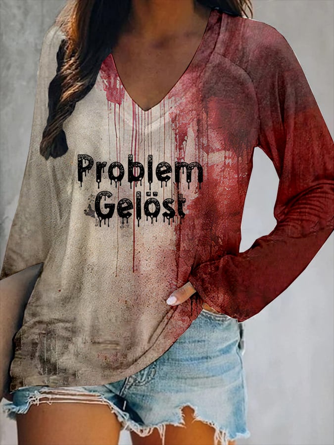 Women's Bloody Problem Solved Halloween Print V-Neck T-Shirt (Double-Layer Neckline Design)