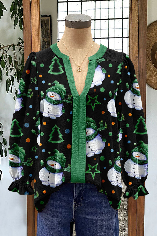 Cute Christmas Snowman Print Puff Sleeve Top