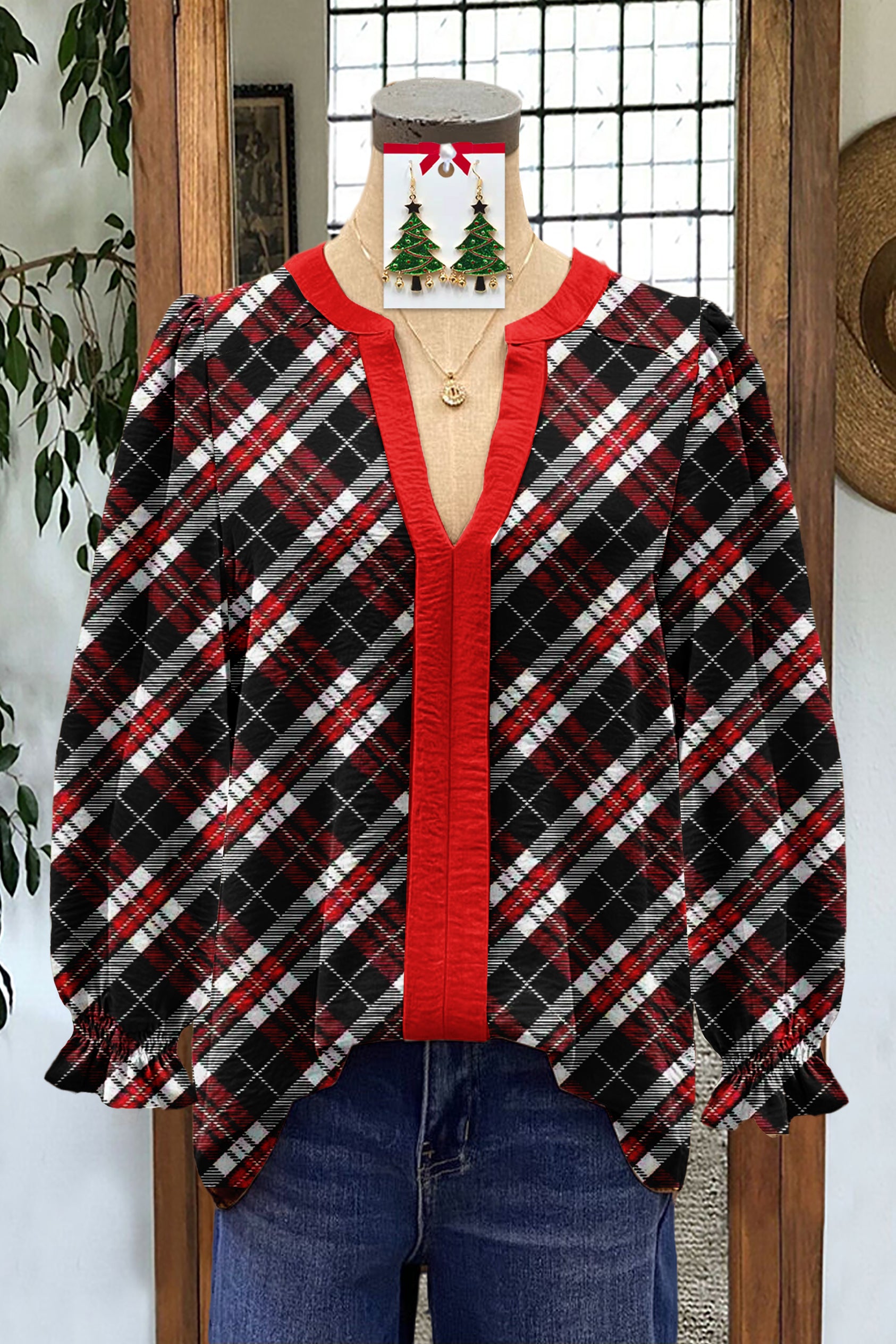 Christmas Plaid Print Blouse