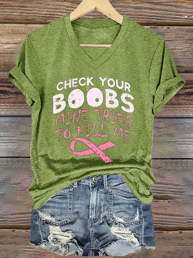Women's Breast Cancer Awareness Printed Casual V-Neck T-Shirt